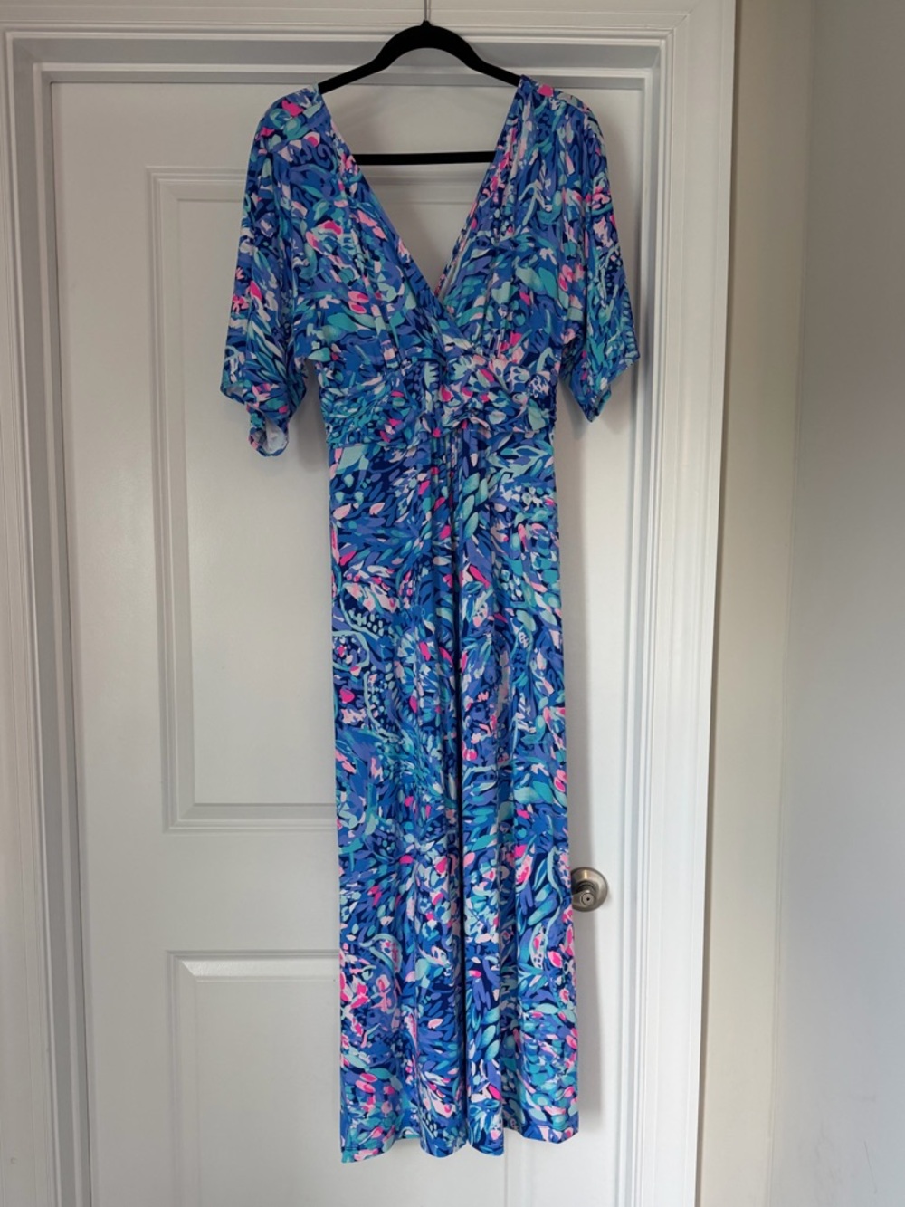 Lilly Pulitzer Blue Floral V-Neck Maxi Dress with Pink Accents